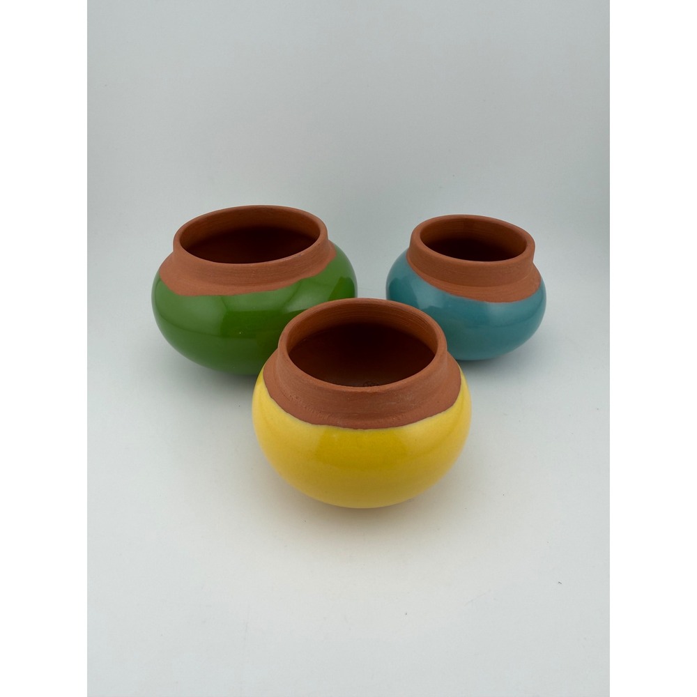 Set of 3 Bauer Pottery Small Round Bowls Planters Vases‎ Green Yellow Teal